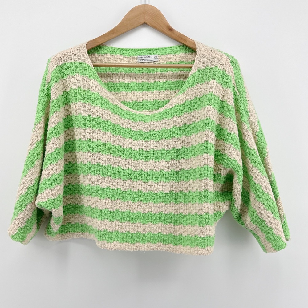 Urban Outfitters Green Cream Striped Textured Cotton Sweater M Dolman OB1293927